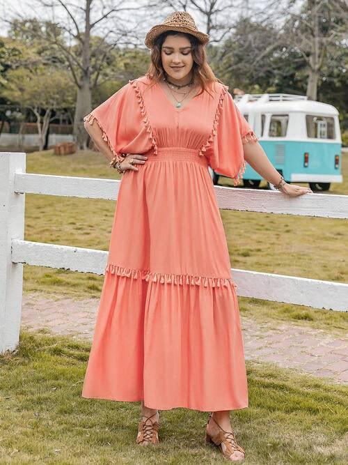Plus Size Tassel Trim V-Neck Short Sleeve Ruffle Hem Dress - Clothes For Her Online Store