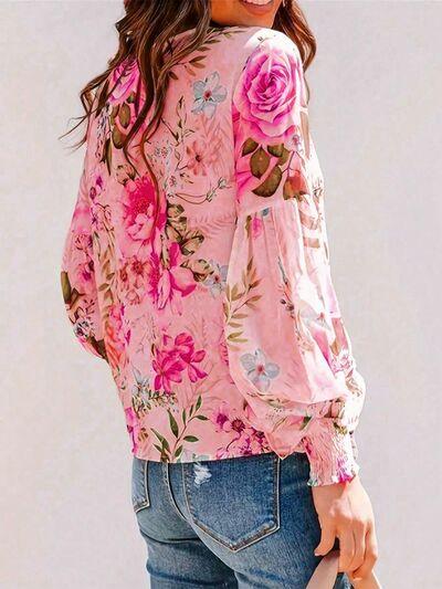 Smocked Printed Round Neck Lantern Sleeve Blouse