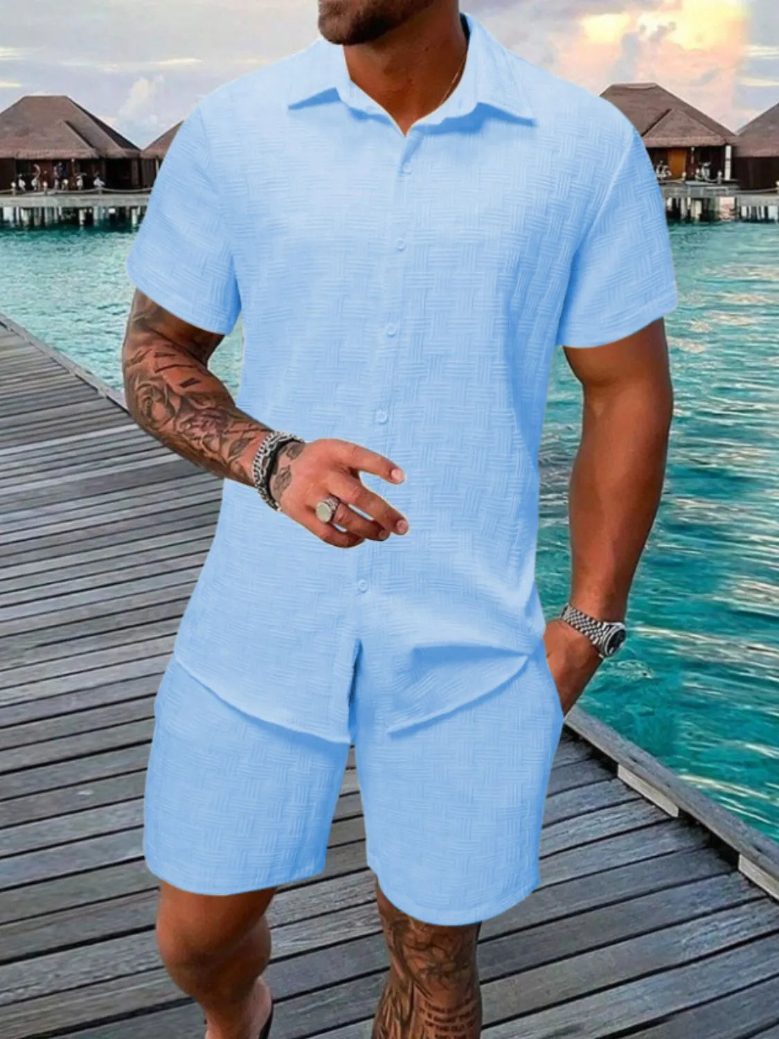 Men's Collared Neck Short Sleeve Top and Shorts Set