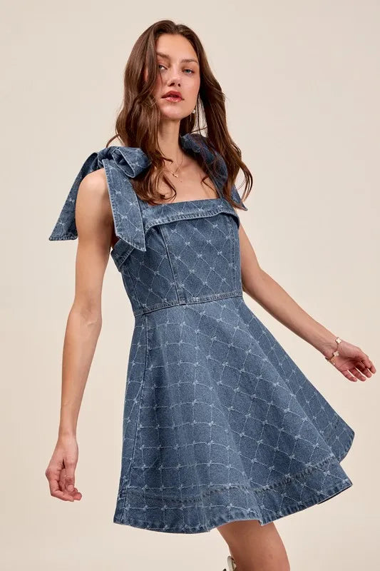 SO ME A Line Fit and Flare Diamond Bow Ribbon Denim Dres