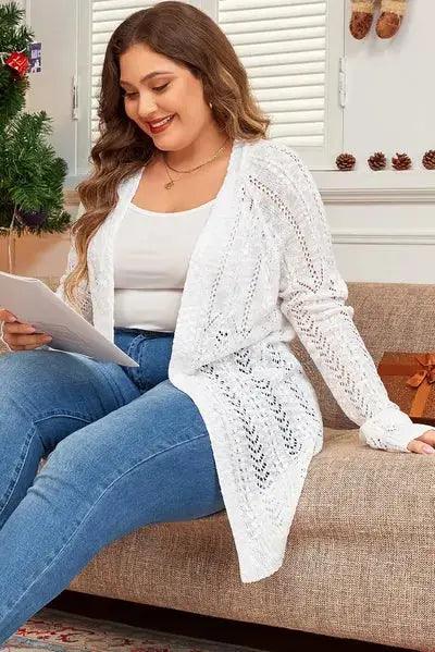 Plus Size Openwork Open Front Long Sleeve Cardigan - Clothes For Her Online Store