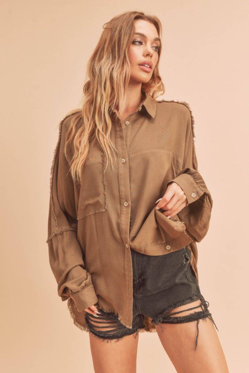 Aemi + Co Raw Edge Exposed Seam Collared Neck Long Sleeve Shirt - Clothes For Her Online Store