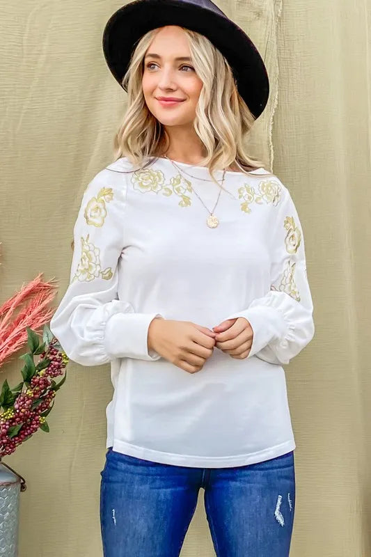 And The Why Flower Gold Embroidery Shoulder Detailed Top