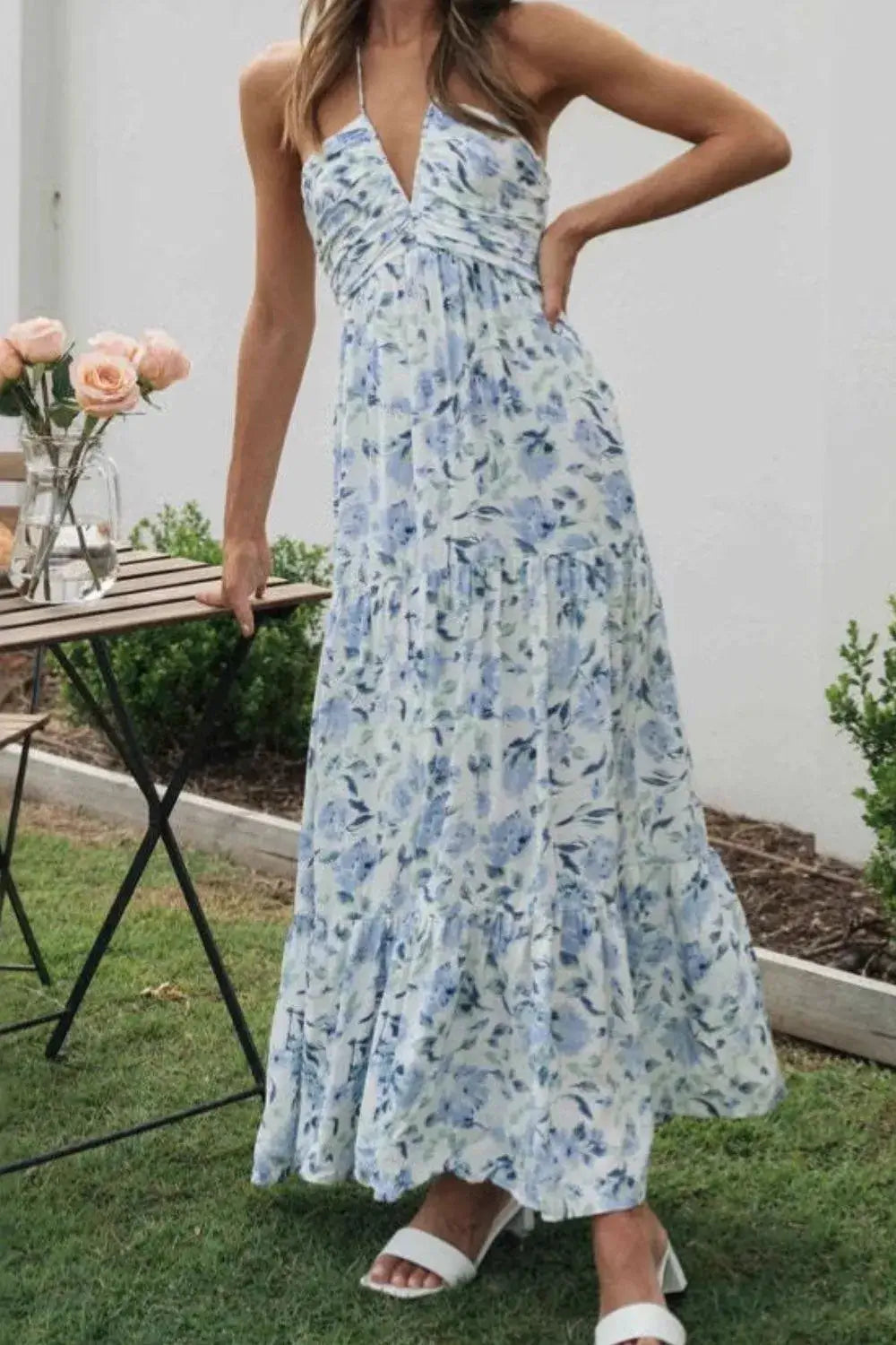 Floral Halter Neck Tiered Maxi Dress