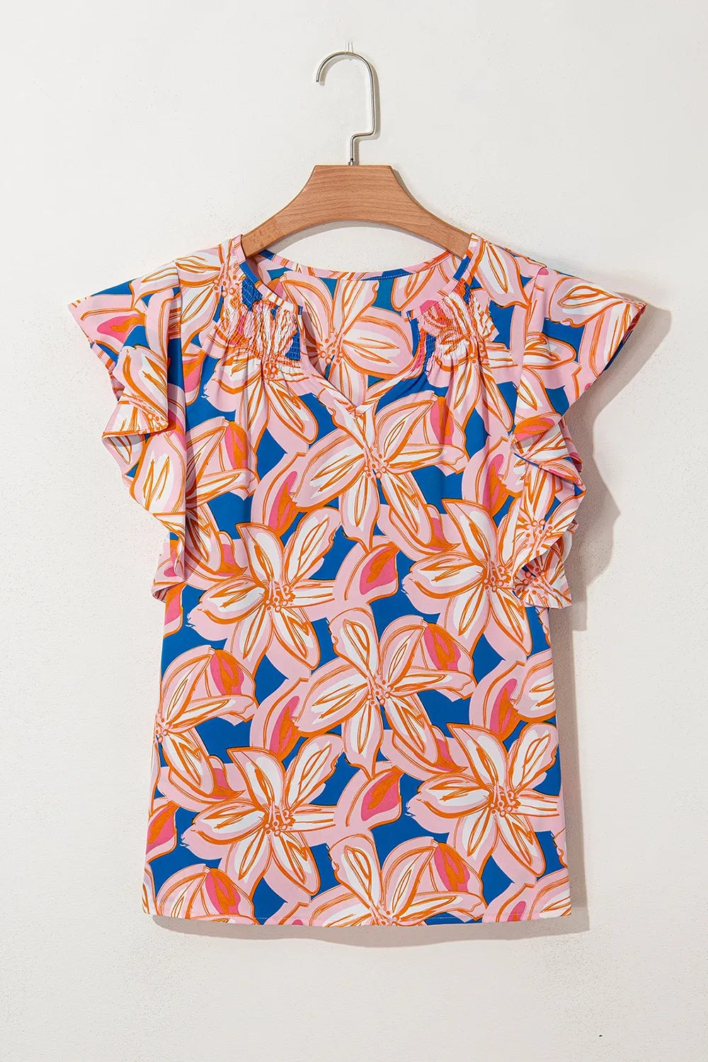 Flower Print Notched Neck Ruffle Sleeve Blouse