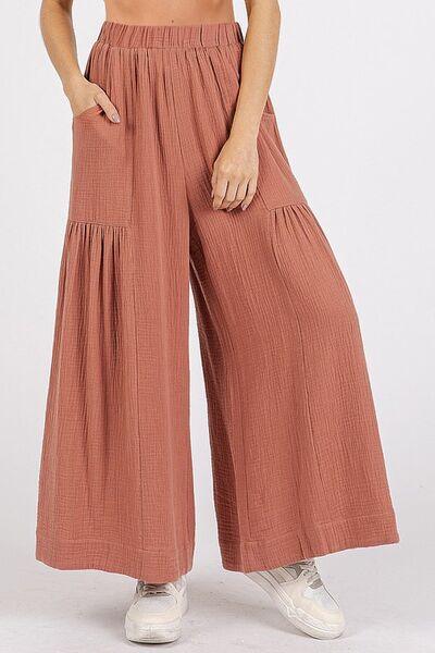 Mittoshop Gauze Elastic Waist Pleated Wide Leg Pants - Clothes For Her Online Store