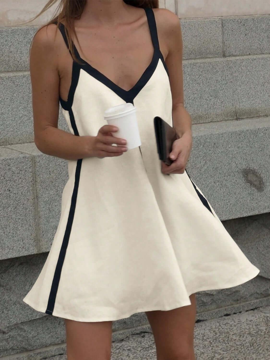 Contrast Trim V-Neck Mini Cami Dress - Clothes For Her Online Store