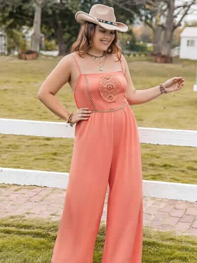 Plus Size Lace Detail Spaghetti Strap Wide Leg Jumpsuit - Clothes For Her Online Store