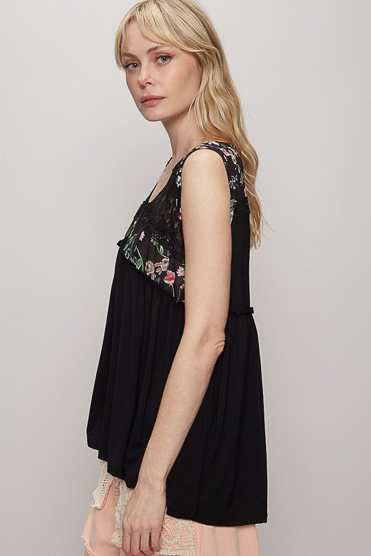 POL Lace Detail Frill Floral V-Neck Sleeveless Top