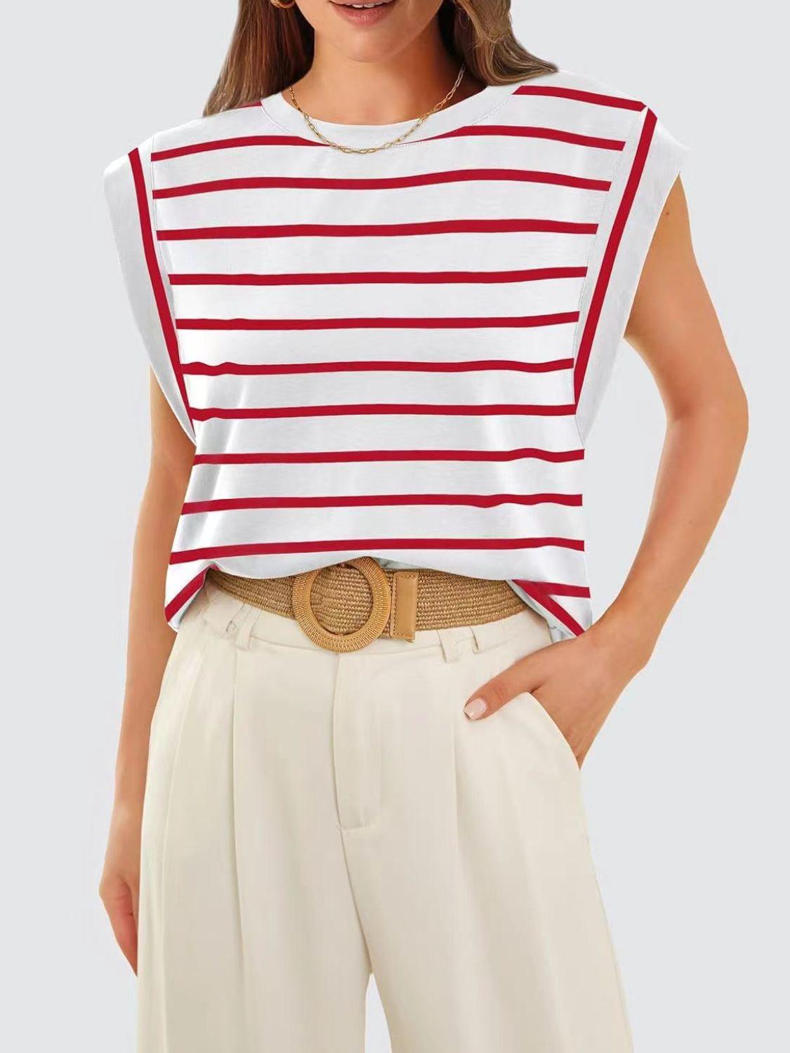 Florira Striped Round Neck Cap Sleeve T-Shirt