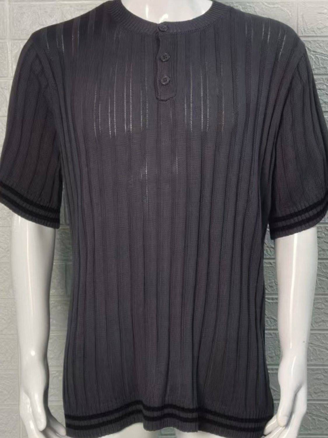 Men's Plus Size Ribbed Quarter Button Round Neck Striped Trim Polo