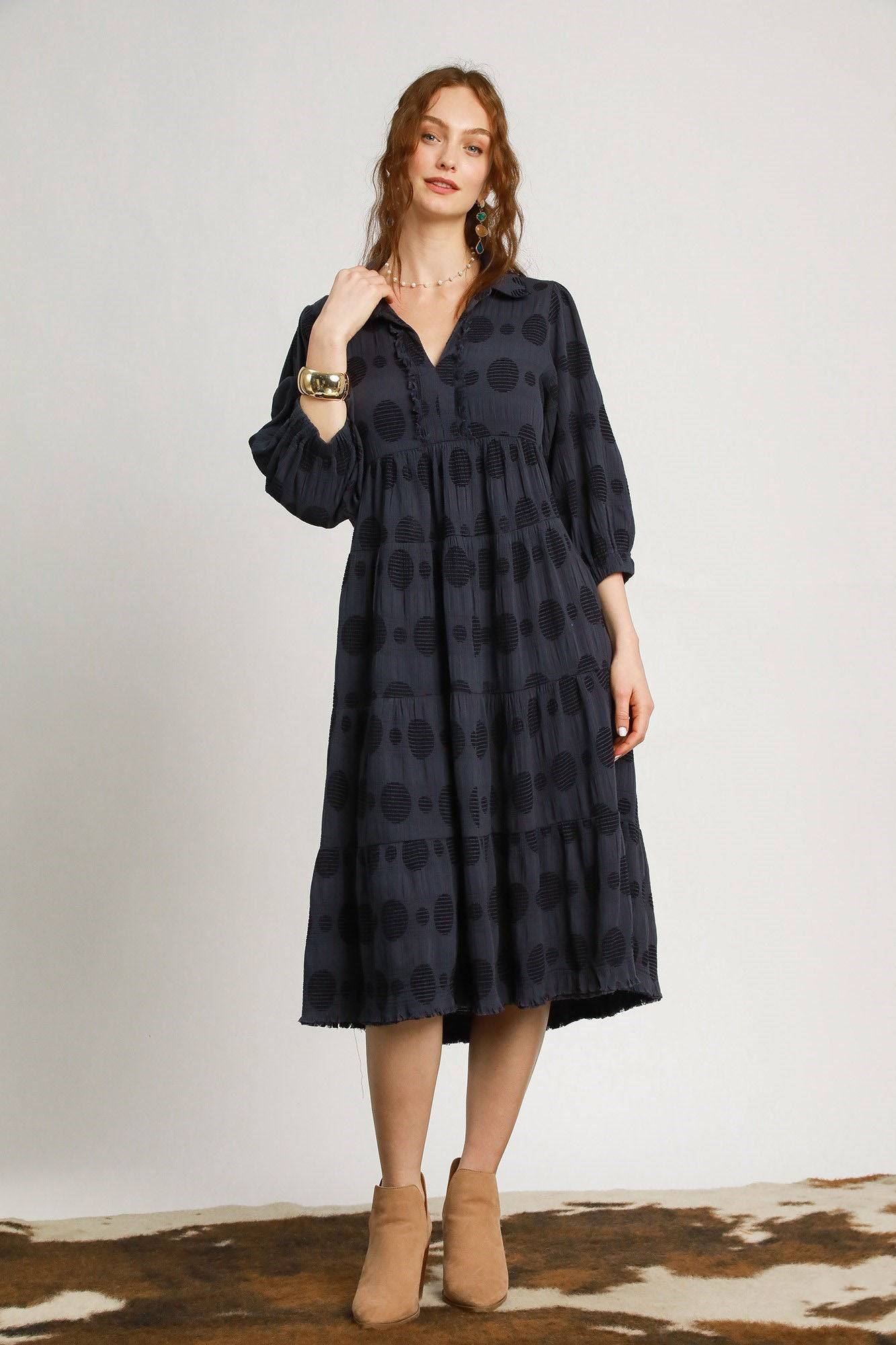 Umgee Full Size Solid Dotted Jacquard Midi Dress Plus Size - Clothes For Her Online Store