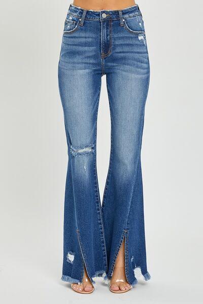 RISEN Full Size High Rise Front Slit Frayed Hem Flare Jeans - Clothes For Her Online Store