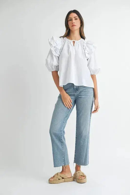 MABLE Stripe Ruffle Shoulder Puff Sleeve Blouse - Clothes For Her Online Store