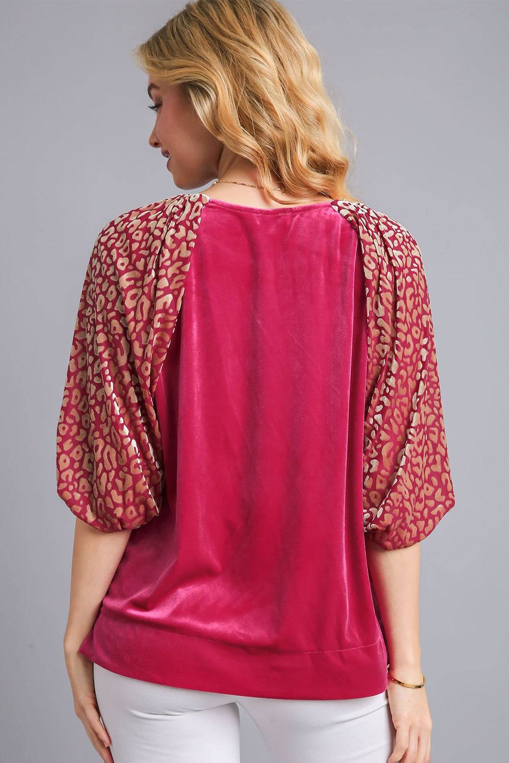 Umgee Round Neck Leopard Balloon Sleeve Velvet Top - Clothes For Her Online Store