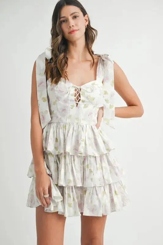 MABLE Floral Print Shoulder Tie Layered Mini Dress - Clothes For Her Online Store