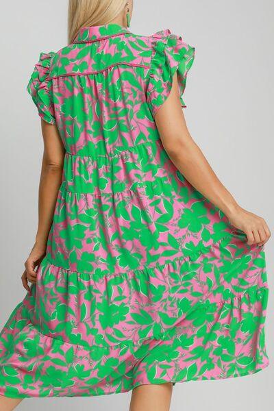 Umgee Full Size Floral Collared Ruffle Cap Sleeve Midi Dress Plus Size