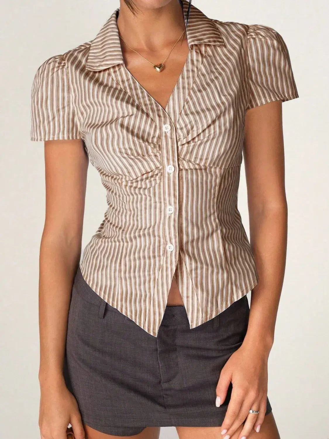 Striped Collared Neck Short Sleeve Shirt