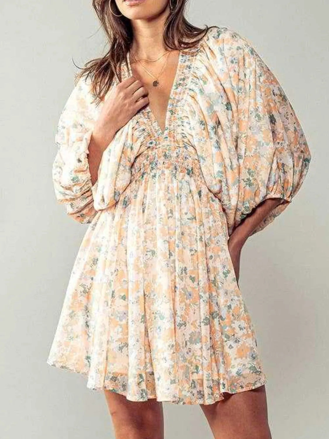 Floral V-Neck Balloon Sleeve Dress