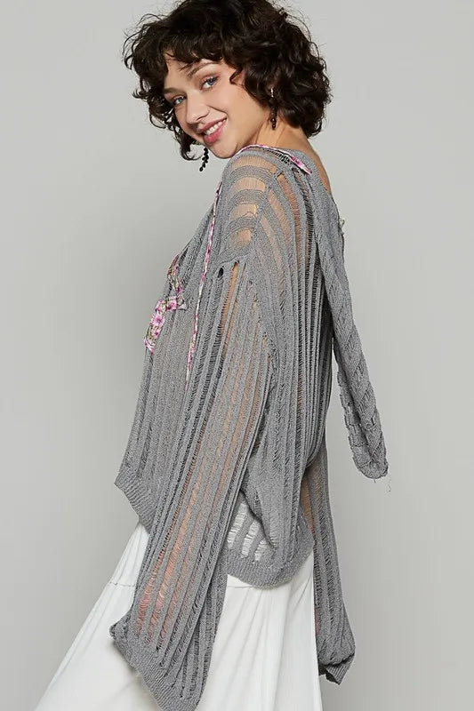POL Floral Print Star Patch Lightweight Hooded Knit Cover Up