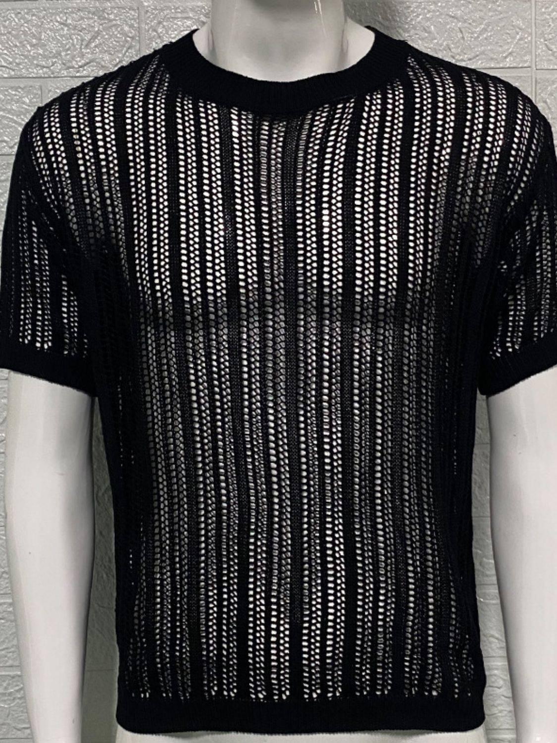 Men's Openwork Round Neck Knit T-Shirt - Clothes For Her Online Store