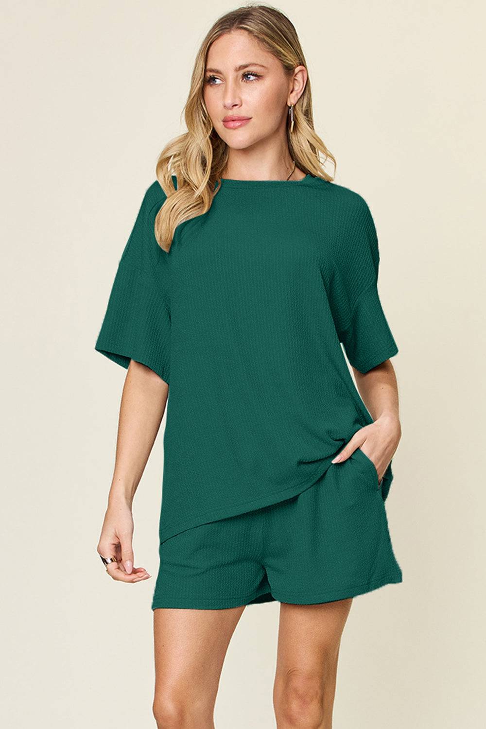 Double Take Basic style Round Neck Solid Set - Clothes For Her Online Store