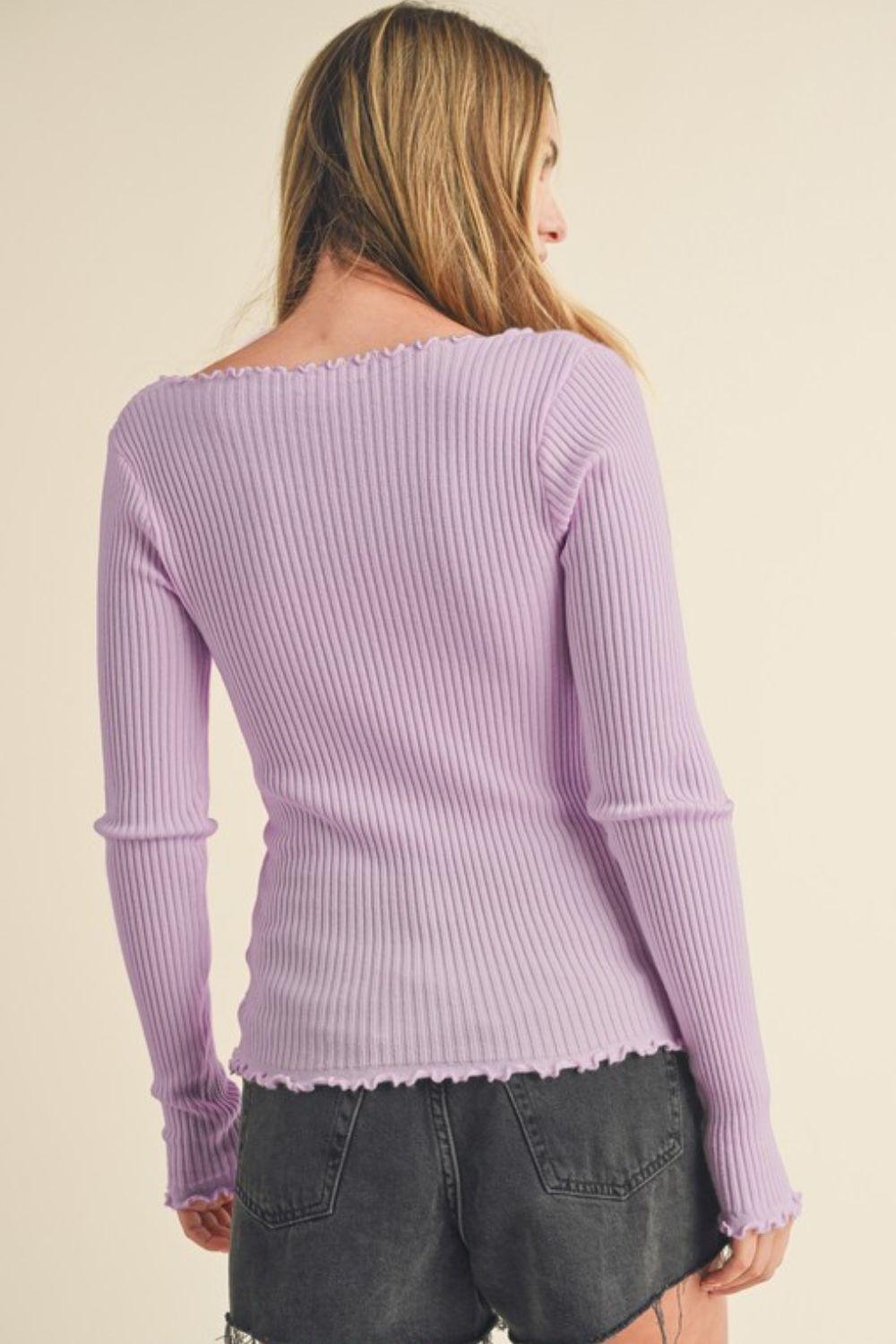 Aemi + Co Lettuce Hem Scoop Neck Long Sleeve Knit Top