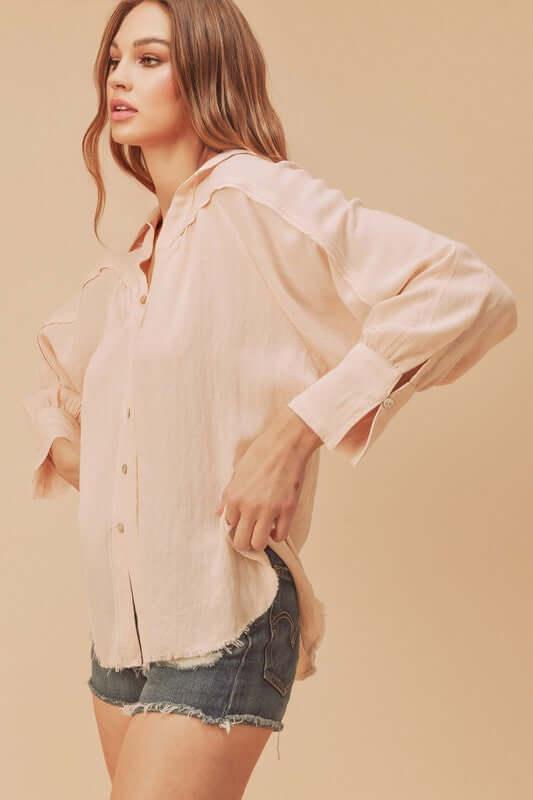 Aemi + Co Raw Hem Button Down Raglan Sleeve Shirt