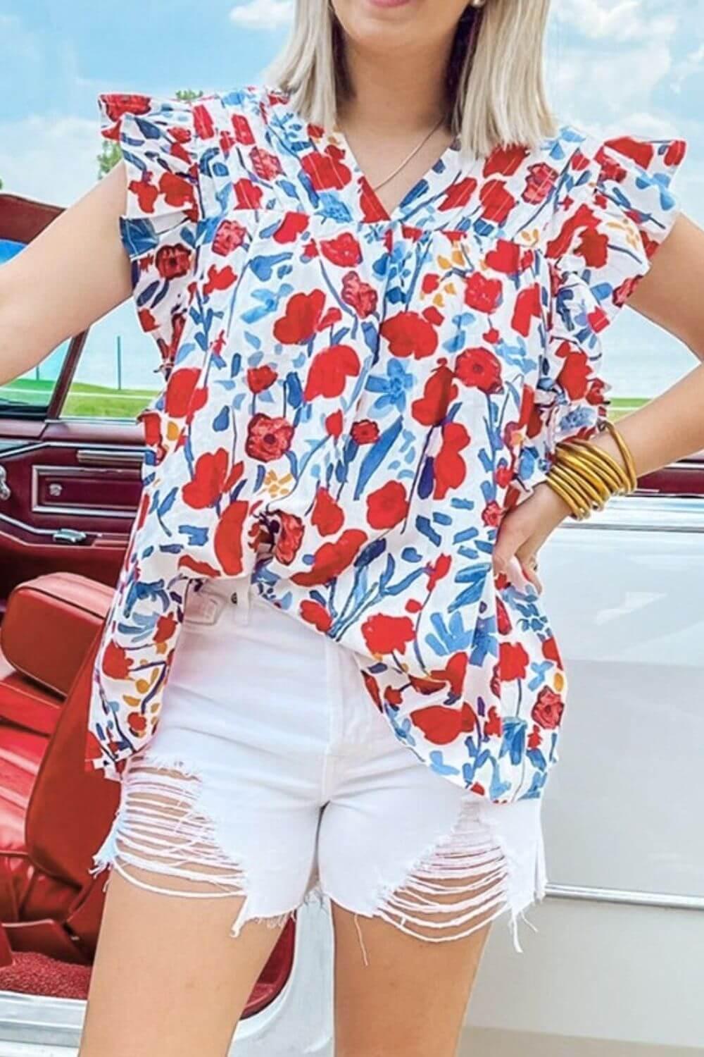 Ruffled Printed V-Neck Cap Sleeve Blouse