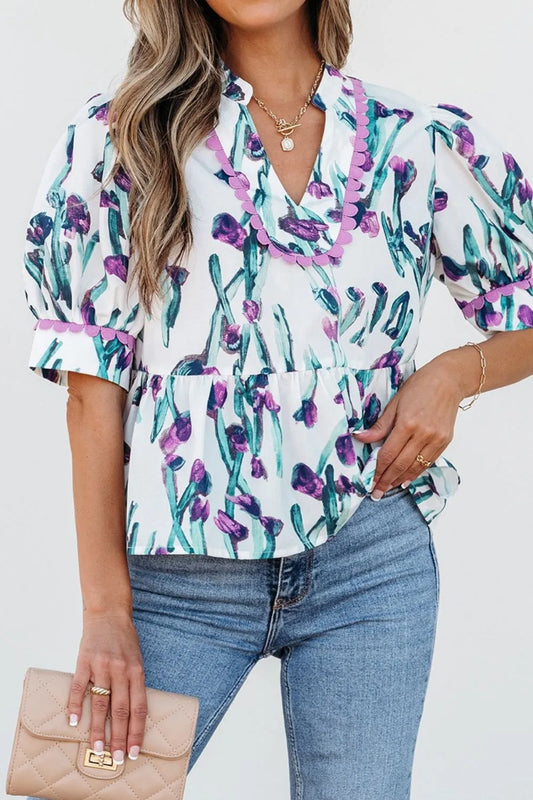 Floral Ricrac Trim Half Sleeve Peplum Top - Clothes For Her Online Store