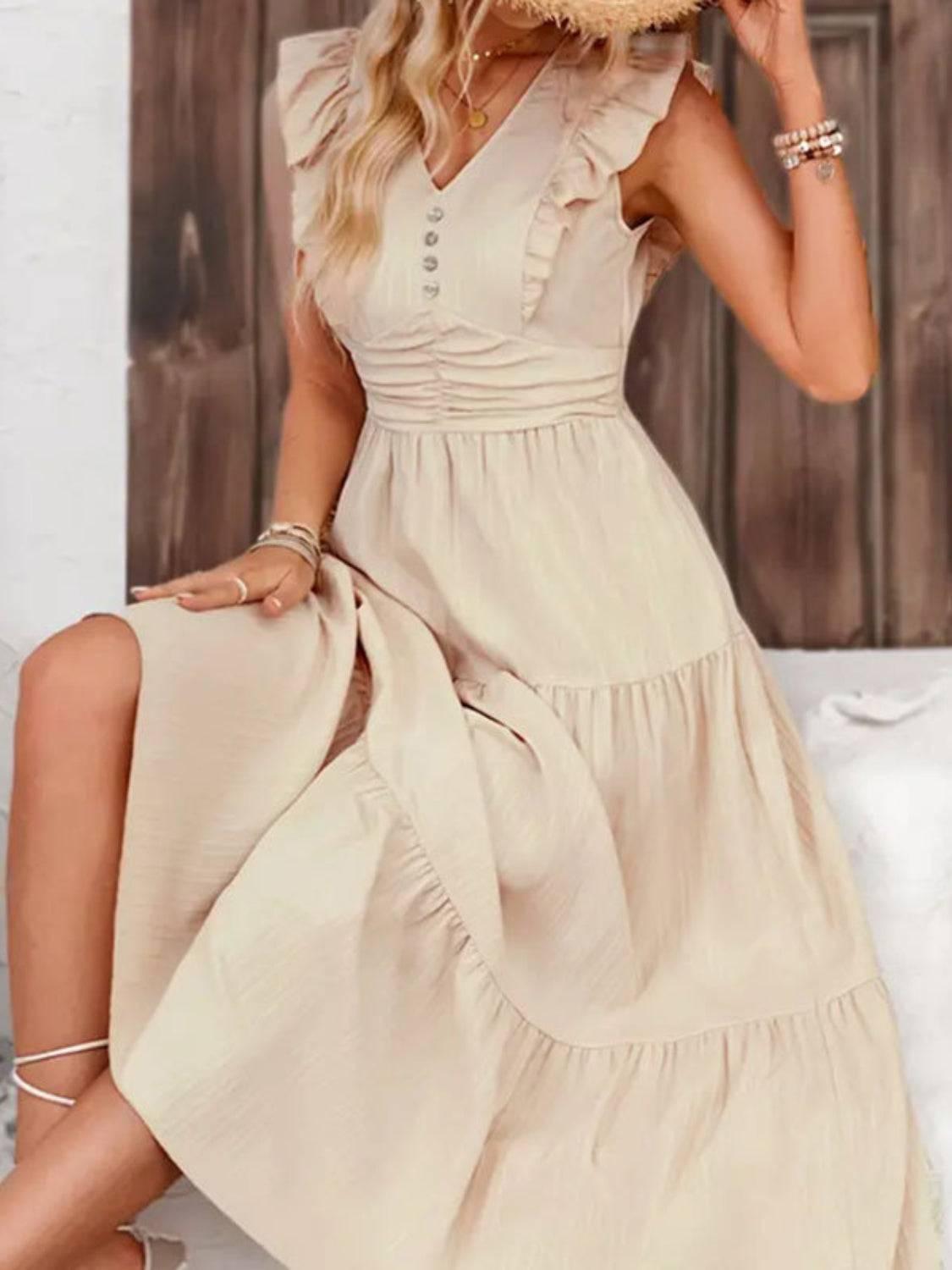 Decor Button Ruffled Tiered Midi Dress - Clothes For Her Online Store