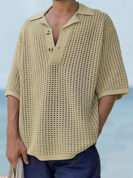 Men's Plus Size Openwork Collared Neck Quarter Button Knit Polo - Clothes For Her Online Store