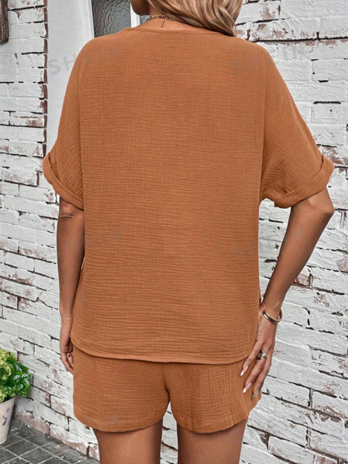 Notched Half Sleeve Top and Shorts Set - Clothes For Her Online Store