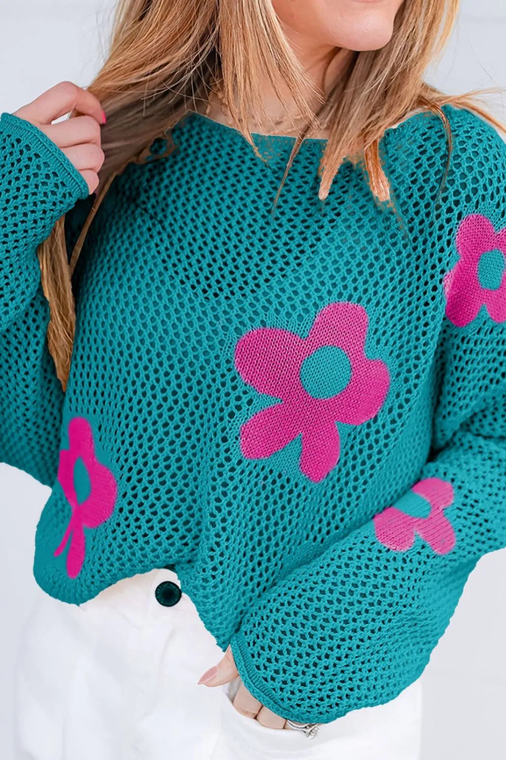 Openwork Round Neck Floral Knit Cover Up