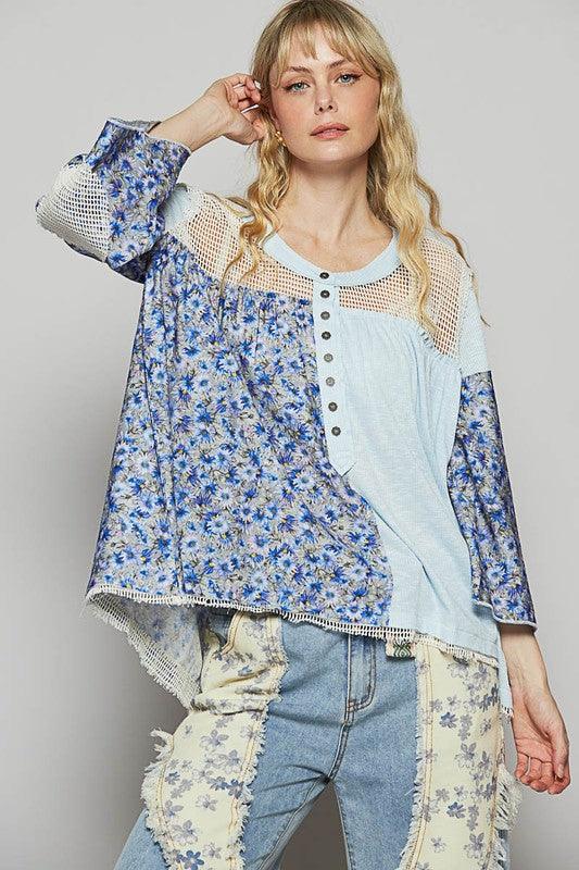 POL Washed Floral Print Crochet Detail Top