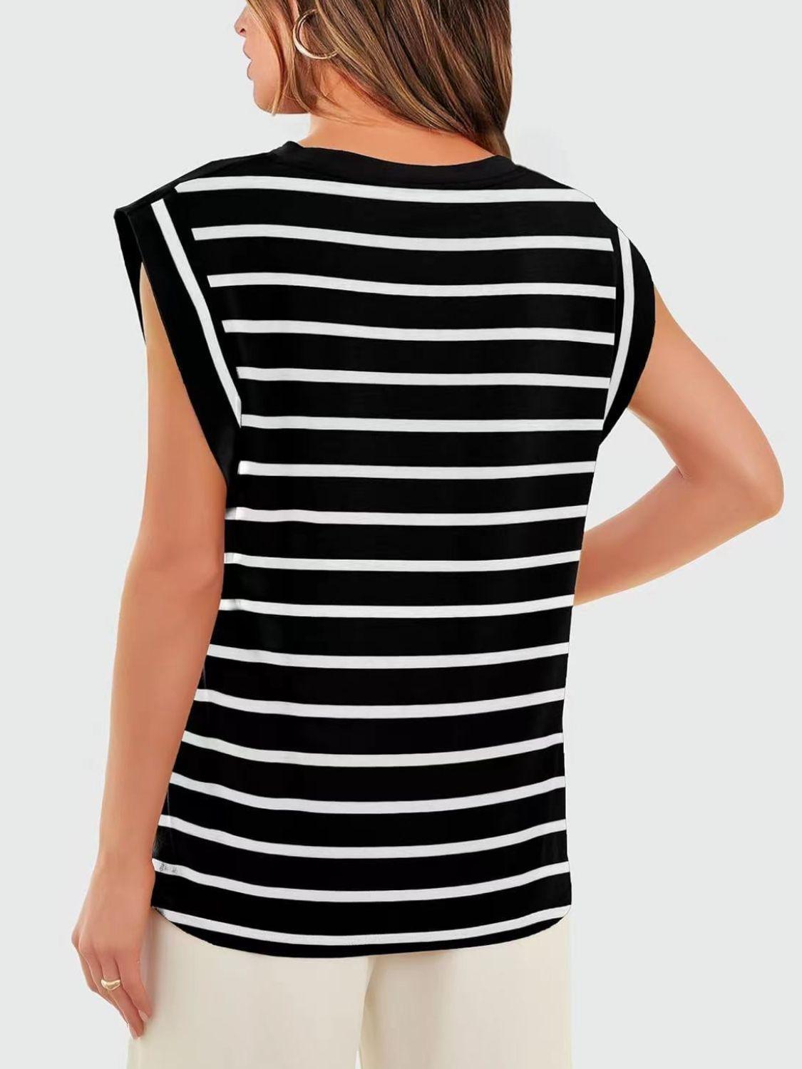 Florira Striped Round Neck Cap Sleeve T-Shirt