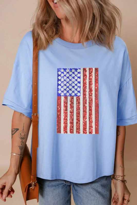 Sequined American Flag Dropped Shoulder T Shirt - Clothes For Her Online Store