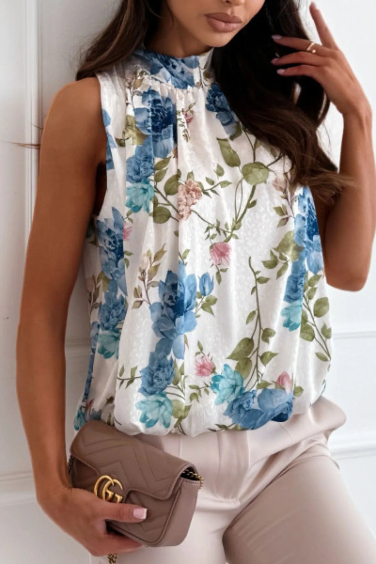 Floral Mock Neck Sleeveless Blouse