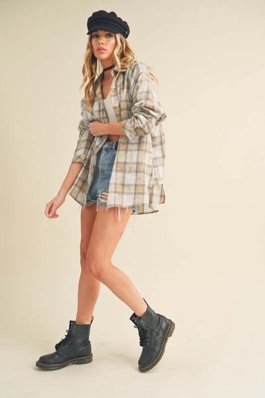 Aemi + Co Washed Plaid Flannel Side Step Hem Shirt