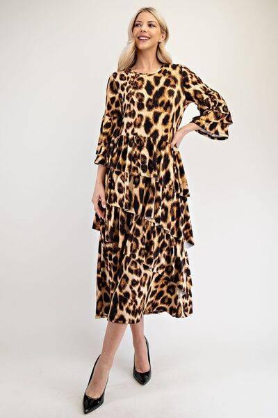 Celeste Full Size Leopard Asymmetrical Ruffle Midi Dress Plus Size - Clothes For Her Online Store