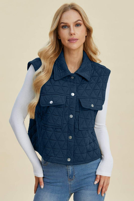 Double Take Full Size Pocketed Texture Snap Down Vest Coat - Clothes For Her Online Store