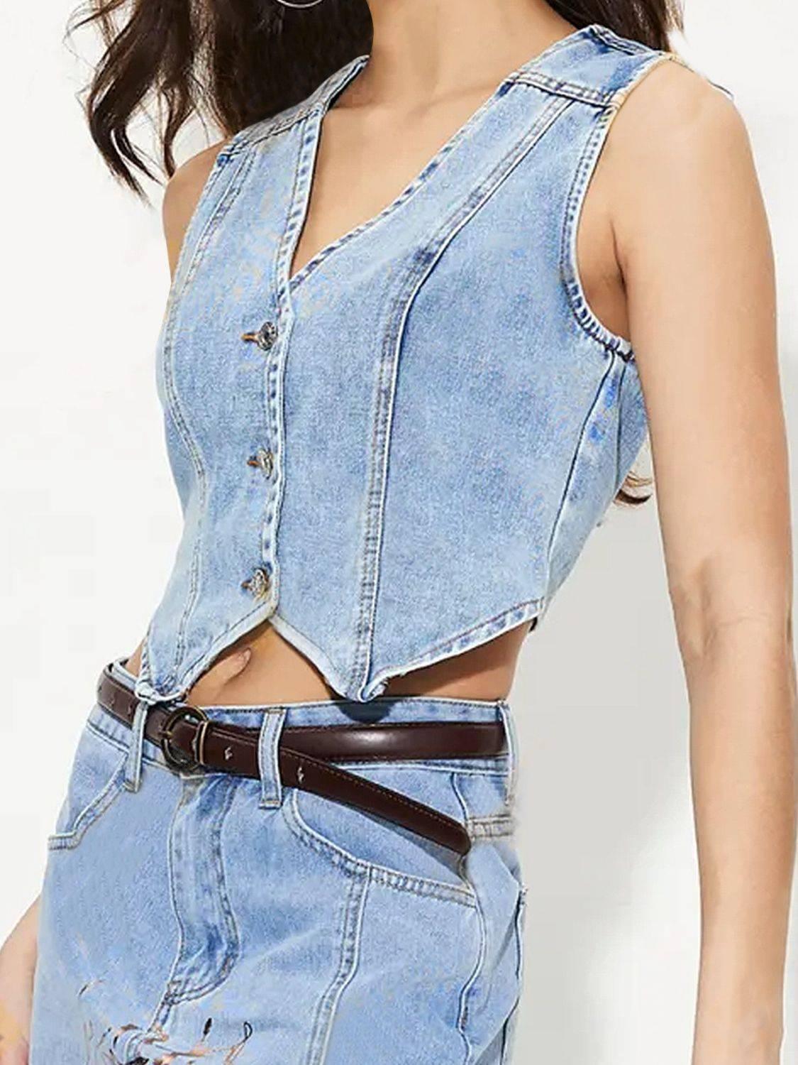 V-Neck Button Up Denim Vest