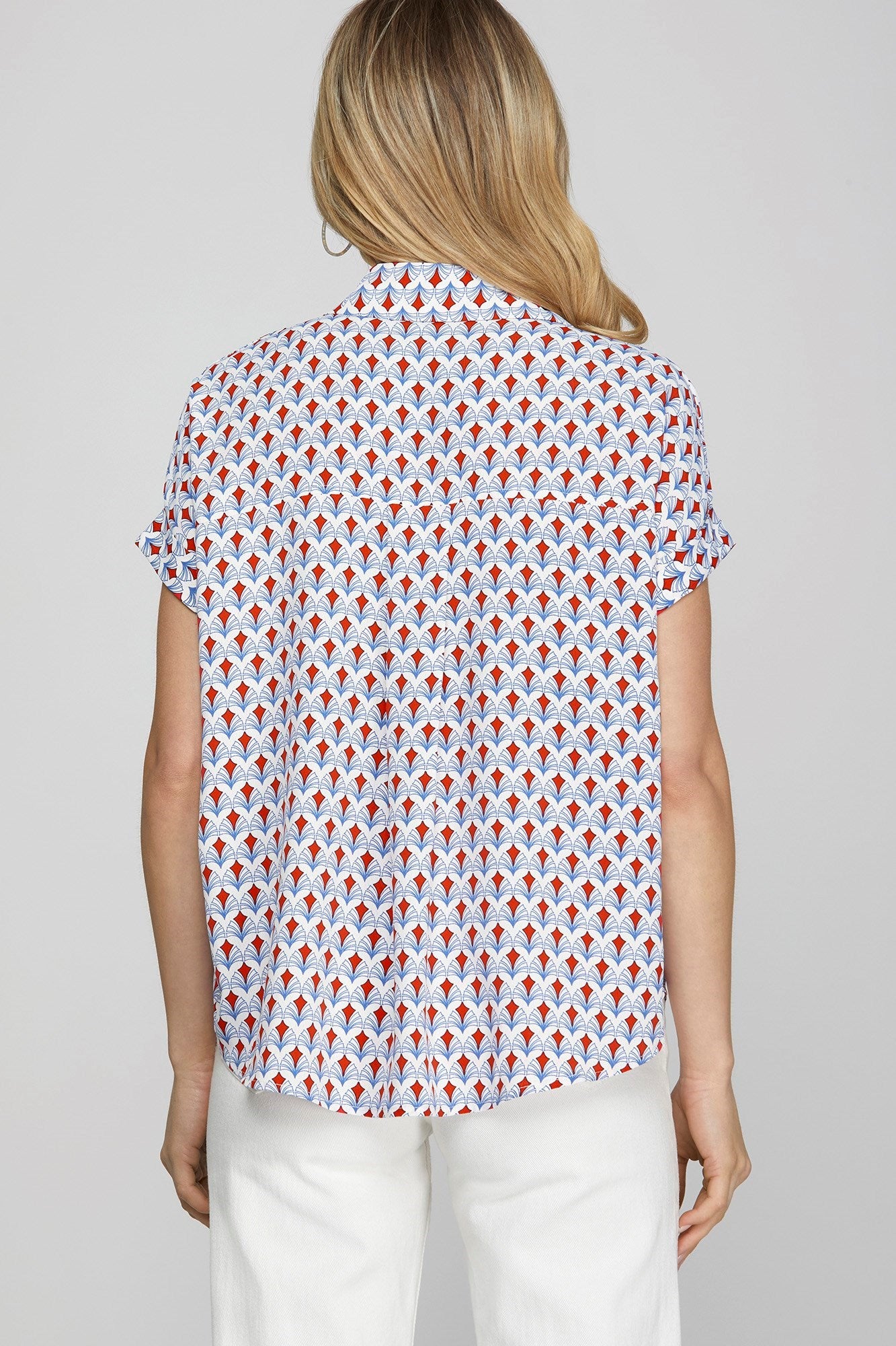 She + Sky Full Size Printed Johnny Collar Short Sleeve Blouse Plus Size - Clothes For Her Online Store