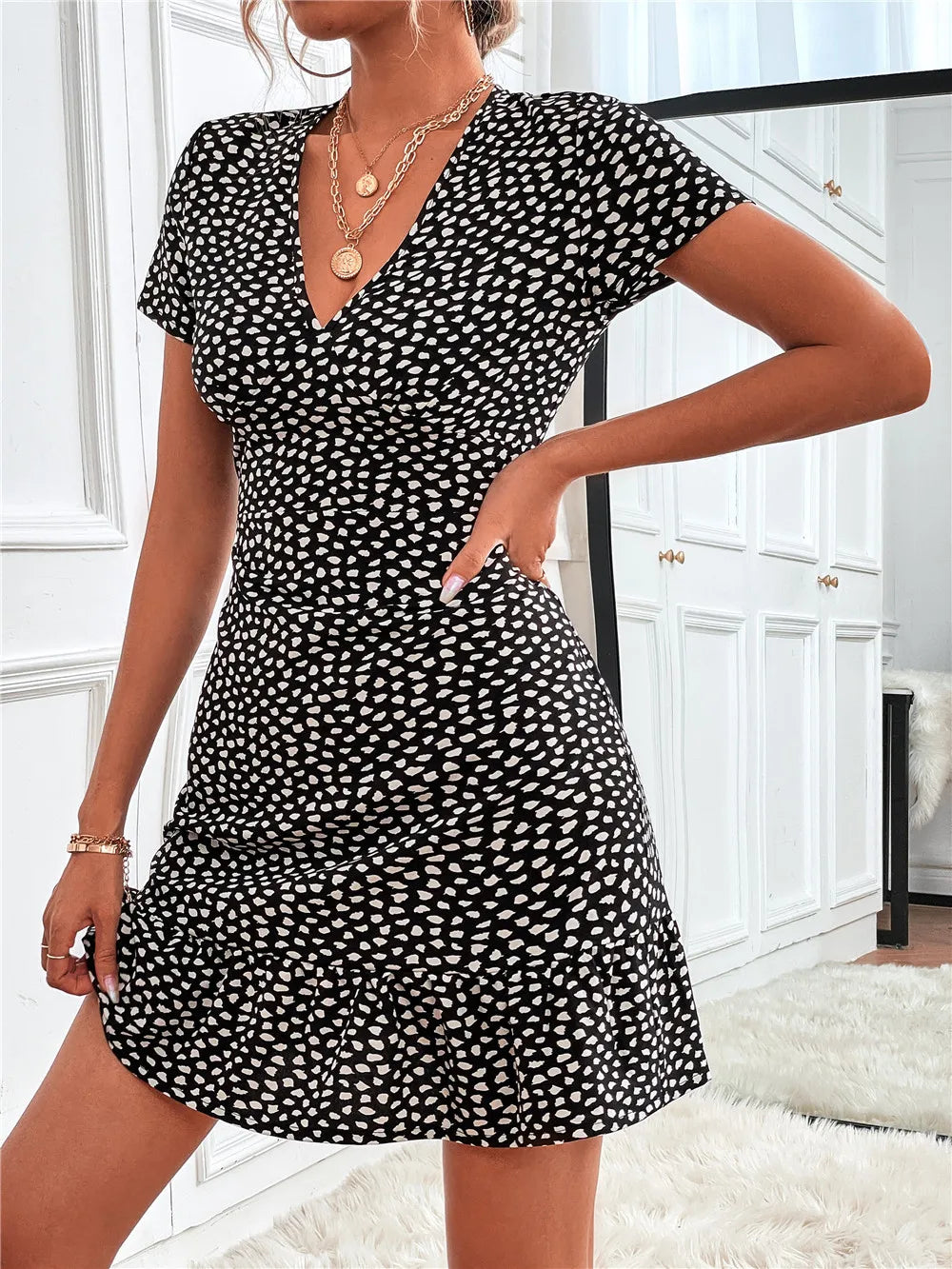 Printed Ruffled Hem V-Neck Short Sleeve Mini Dress