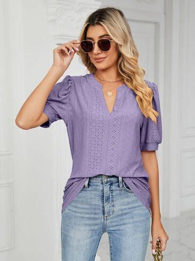 Florira Eyelet Notched Short Sleeve T-Shirt