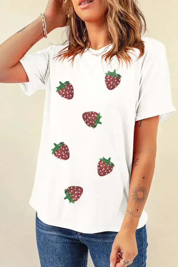 Sequin Strawberry Crew Neck Short Sleeve T Shirt - Clothes For Her Online Store