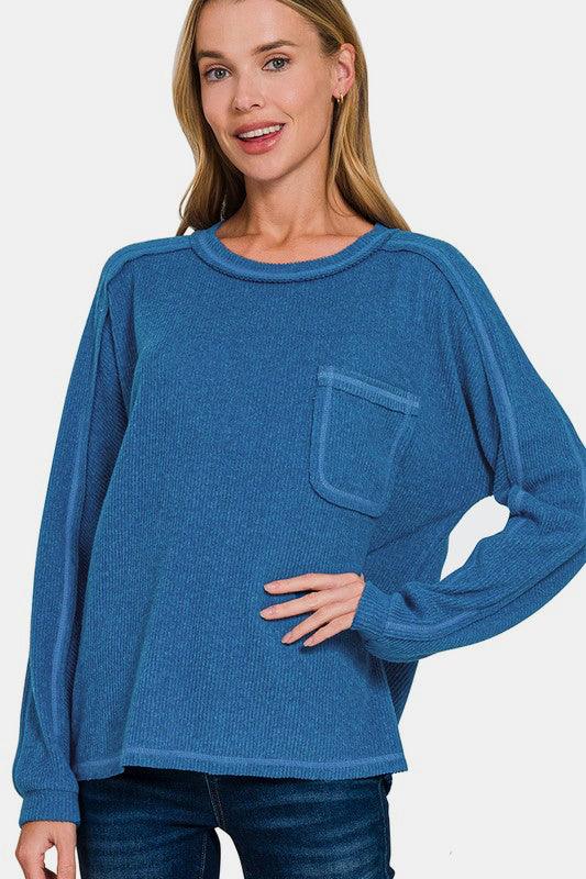 Zenana Full Size Contrast Stitching Brushed Ribbed Hacci Knit Top Plus Size - Clothes For Her Online Store