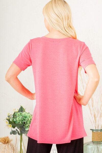 Heimish Full Size V-Neck Short Sleeve T-Shirt with Bar Detail Plus Size - Clothes For Her Online Store