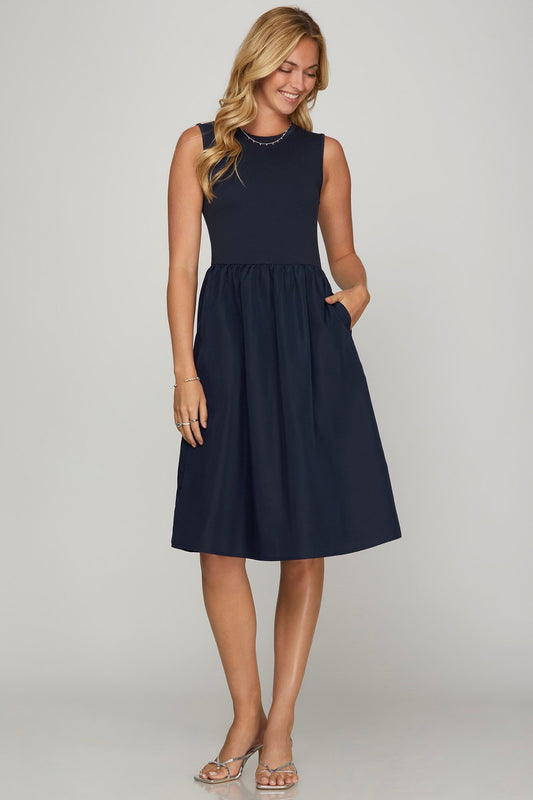 She + Sky Full Size Sleeveless Poplin Woven Midi Dress with Pockets Plus Size - Clothes For Her Online Store