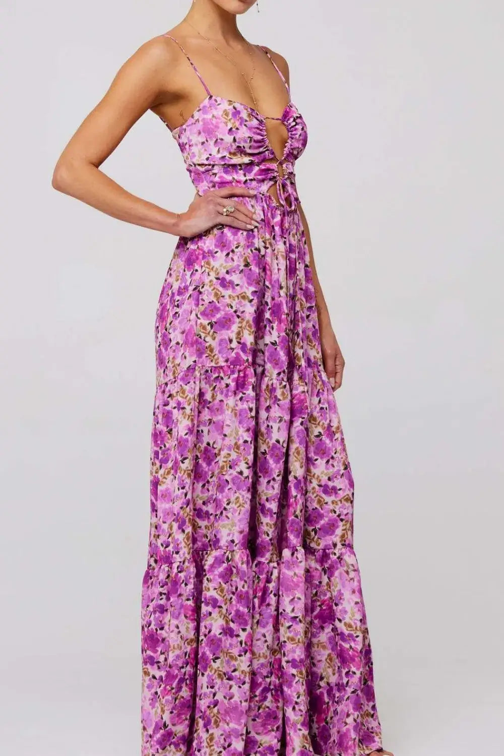 Floral Print Tie Front Tiered Maxi Dress